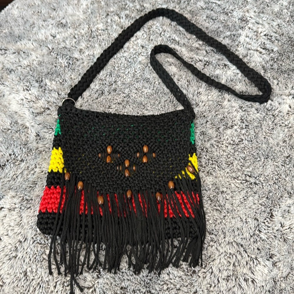 Jamaican Crossbody Fringe Beads Zip Long Shoulder Strap Black Green Red Yellow.